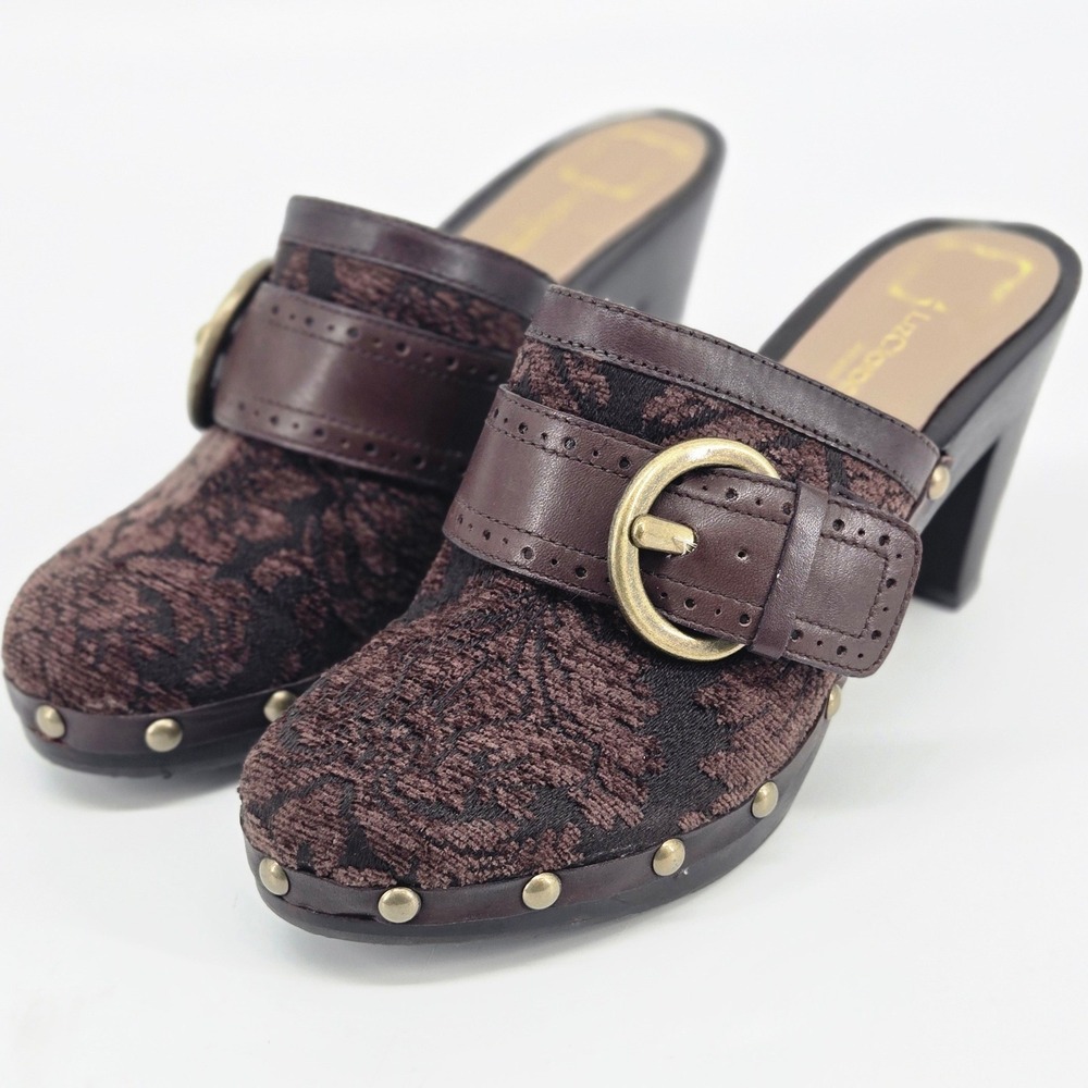 Liz‎ Claiborne Beatty Brown Brocade Tapestry Studded Buckle Platform Mules Y2K